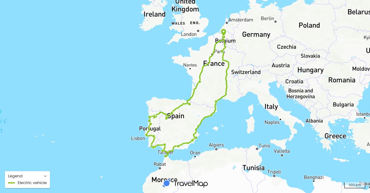 TravelMap itinerary: driving, electric vehicle in Belgium, Spain, France, Morocco, Portugal (Africa, Europe)